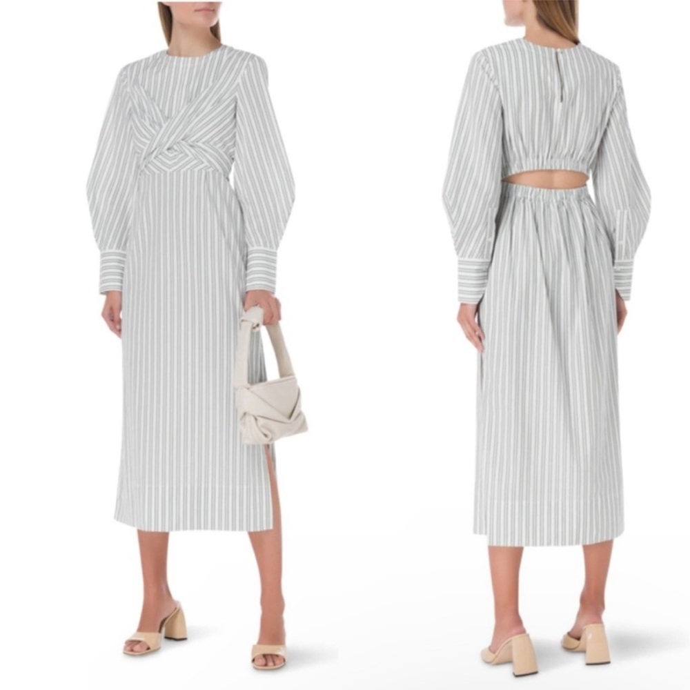 STAUD Striped Long-Sleeve Midi Dress in White and Gray